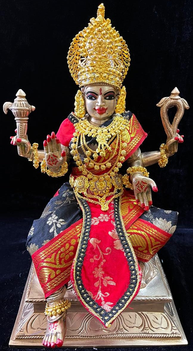 Deity Temple Saree Style Saree made of Chanderi Zari Silk (Not Pure Silk) - Black Saree with Red Border, Red Blouse and Pleat