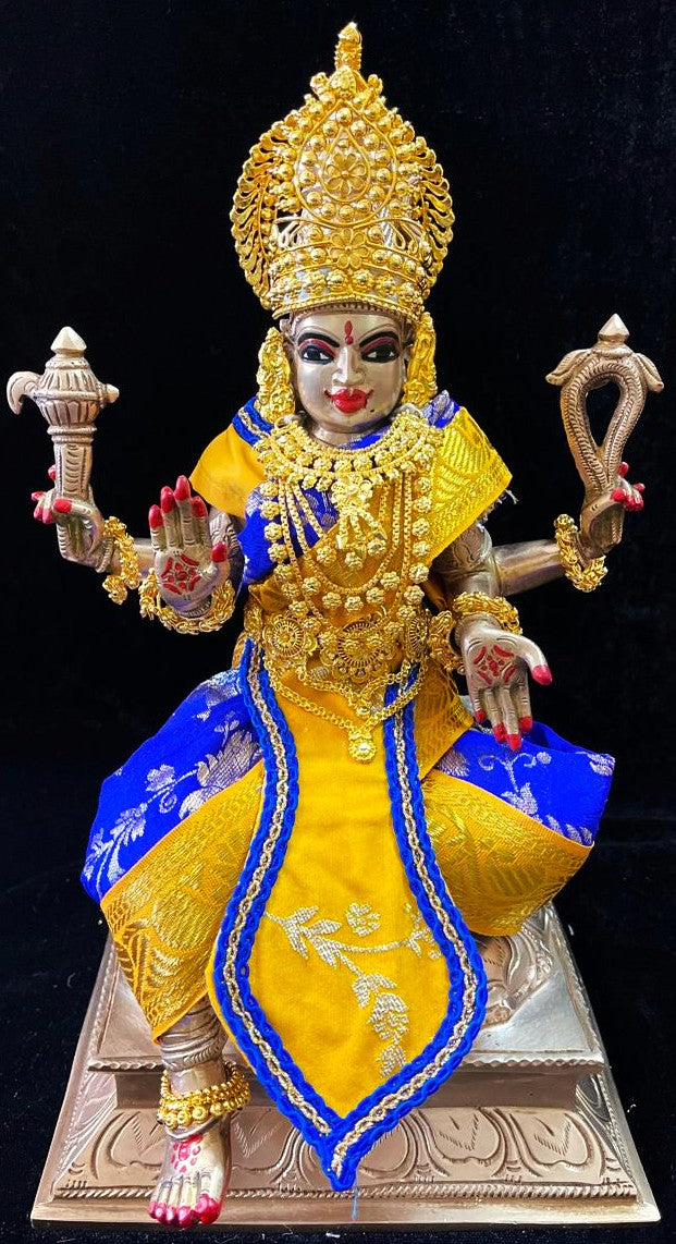 Deity Temple Saree Style Saree made of Chanderi Zari Silk (Not Pure Silk) - Royal Blue Saree with Yellow Border, Yellow Blouse and Pleat