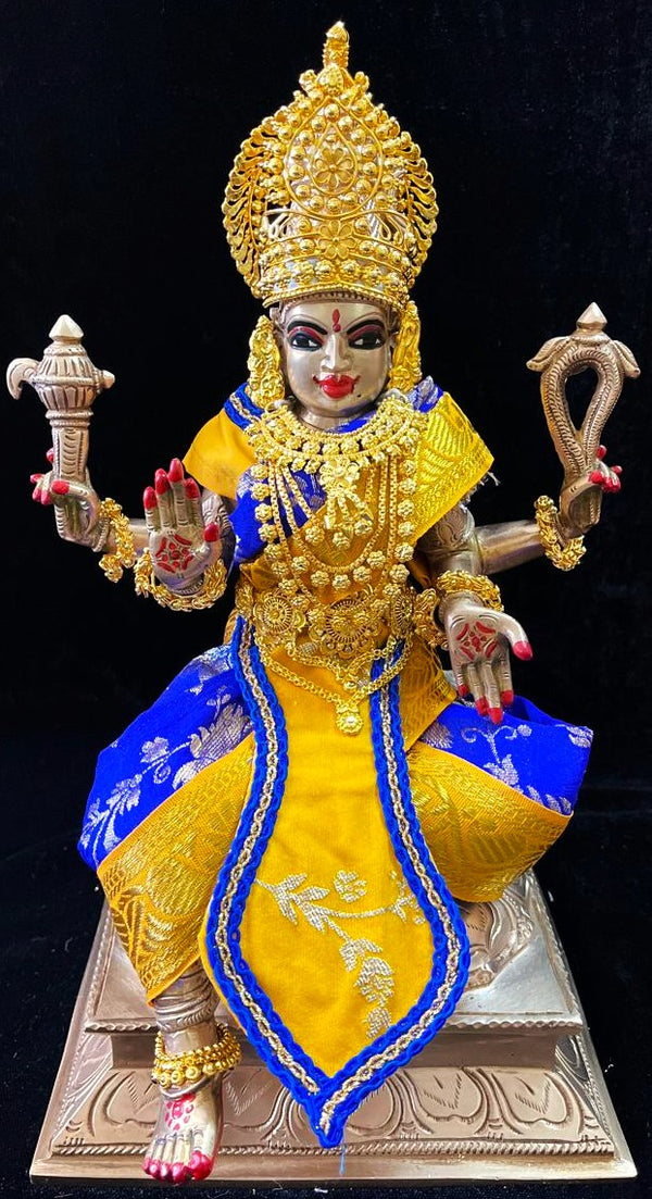 Deity Temple Saree Style Saree made of Chanderi Zari Silk (Not Pure Silk) - Royal Blue Saree with Yellow Border, Yellow Blouse and Pleat
