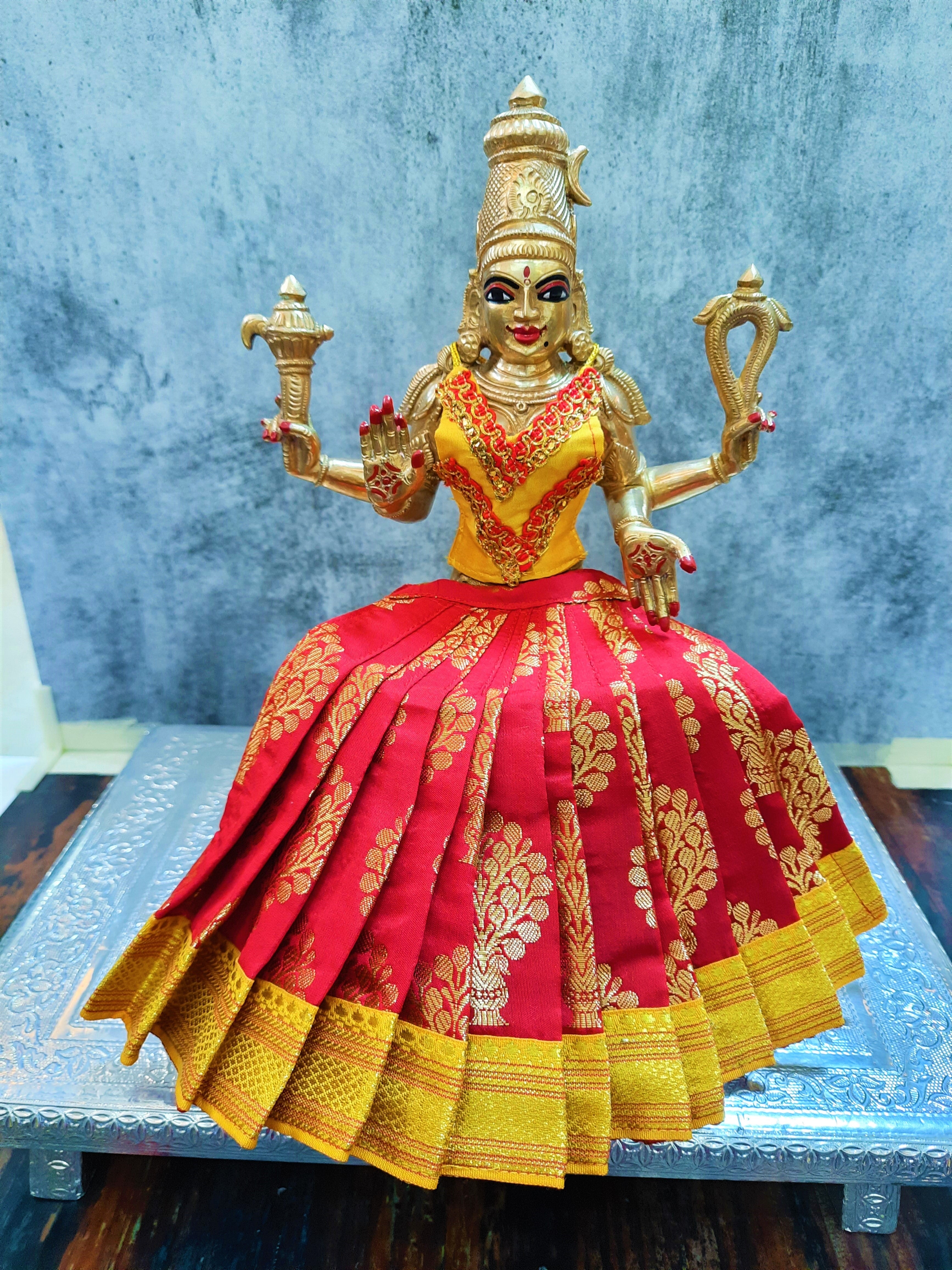 Deity Lehenga  / Lehenga patka made of Tapeta Big Butta Silk Lehenga  (Not Pure Silk) - Red Lehenga with Yellow Border and Yellow Blouse 1