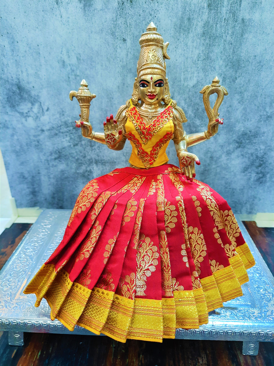Deity Lehenga  / Lehenga patka made of Tapeta Big Butta Silk Lehenga  (Not Pure Silk) - Red Lehenga with Yellow Border and Yellow Blouse