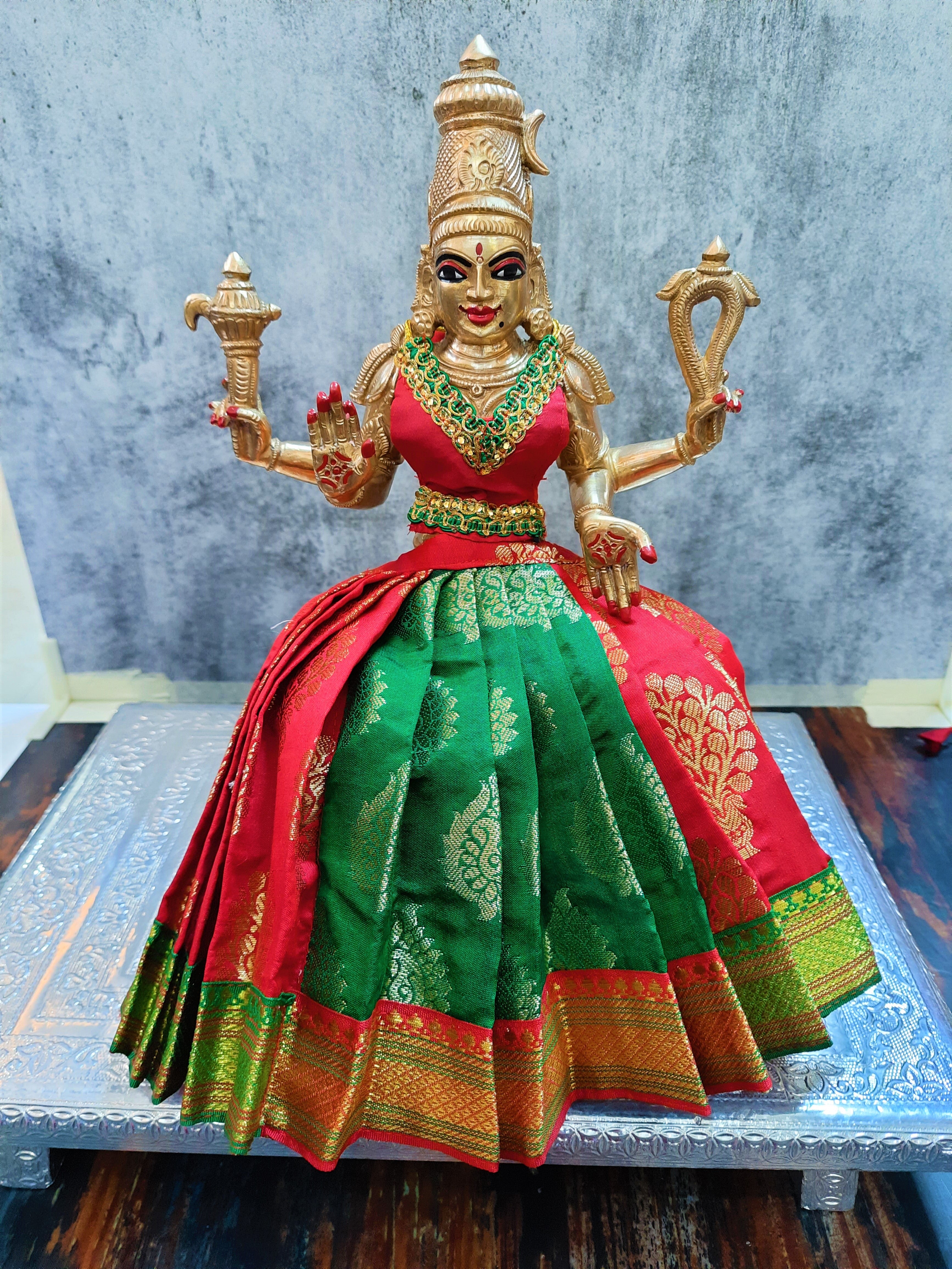 Deity Lehenga  / Lehenga patka made of Tapeta Big Butta Silk Lehenga  (Not Pure Silk) - Red with Green Lehenga with Green with Red Border and Red Blouse 1