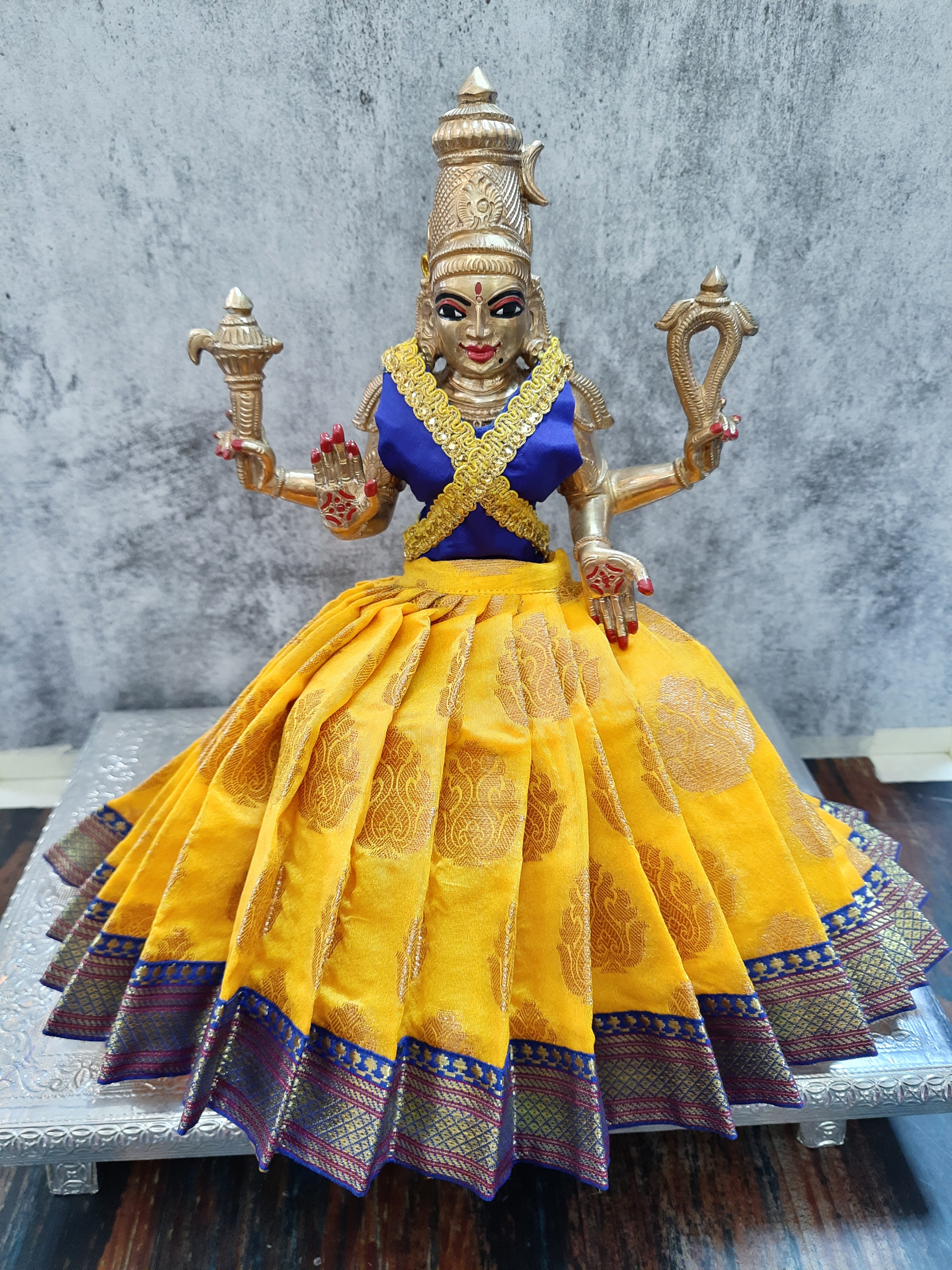 Deity Lehenga  / Lehenga patka made of Tapeta Big Butta Silk Lehenga  (Not Pure Silk) - Yellow Lehenga with Royal Blue Border and Royal Blue Blouse 1