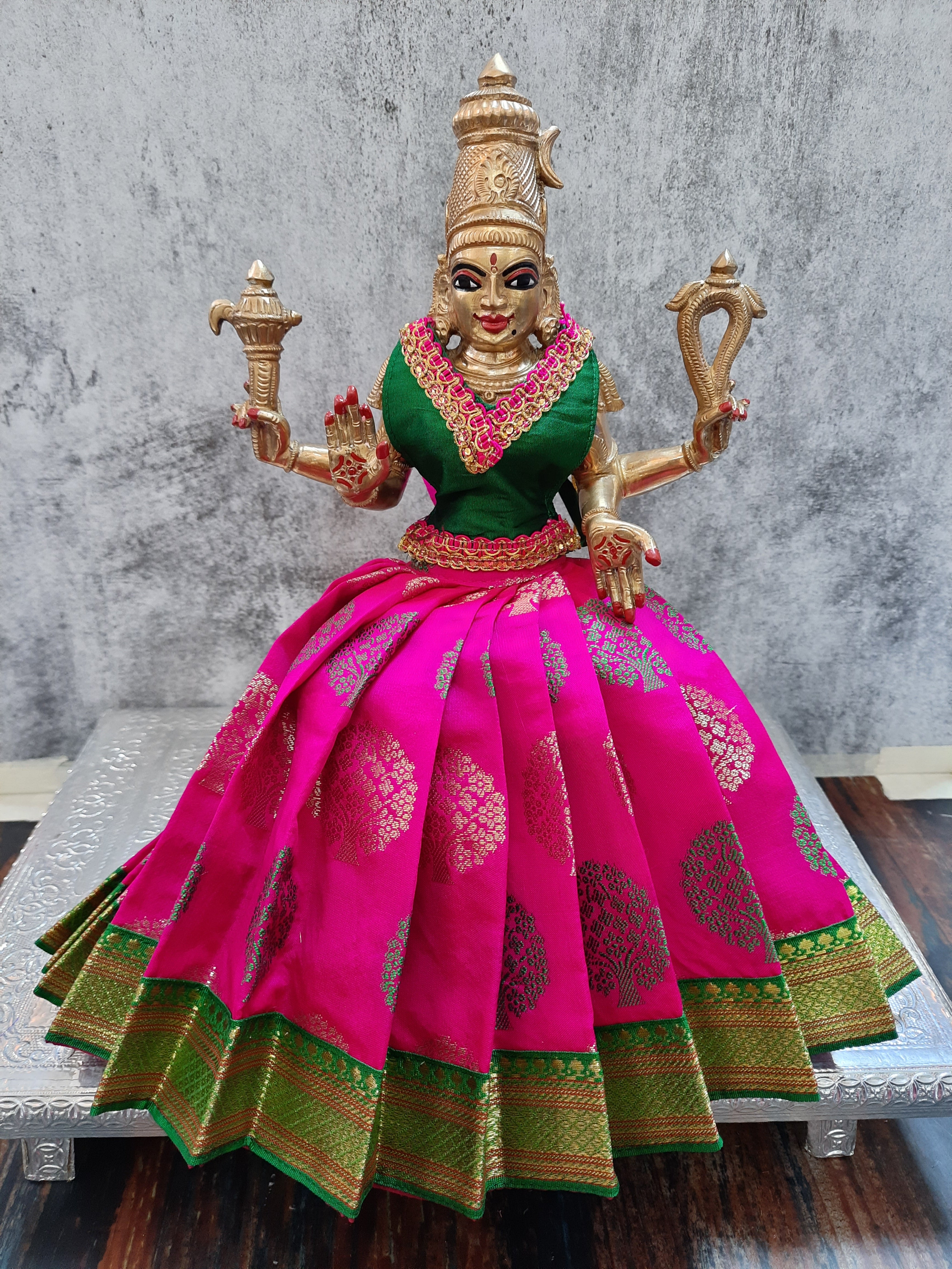 Deity Lehenga  / Lehenga patka made of Tapeta Big Butta Silk Lehenga  (Not Pure Silk) - Rani Pink Lehenga with Green Border and Green Blouse 1
