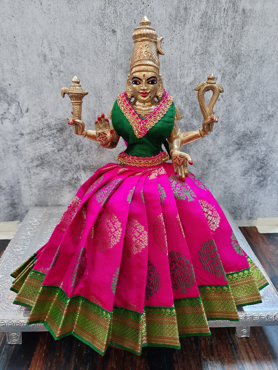 Deity Lehenga  / Lehenga patka made of Tapeta Big Butta Silk Lehenga  (Not Pure Silk) - Rani Pink Lehenga with Green Border and Green Blouse