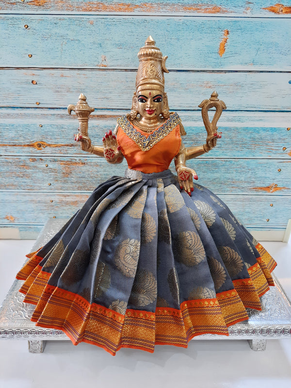 Deity Lehenga  / Lehenga patka made of Tapeta Big Butta Silk Lehenga  (Not Pure Silk) - Grey Lehenga with Orange Border and Orange Blouse
