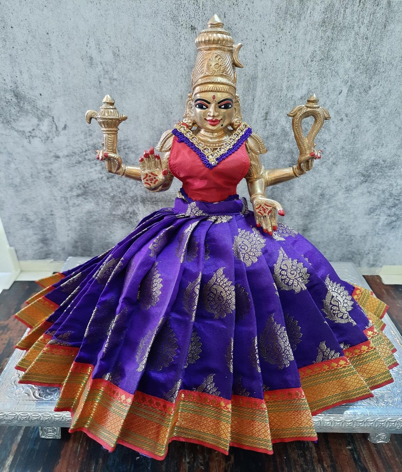 Deity Lehenga  / Lehenga patka made of Tapeta Big Butta Silk Lehenga  (Not Pure Silk) - Indigo Lehenga with Red Border and Red Blouse 1