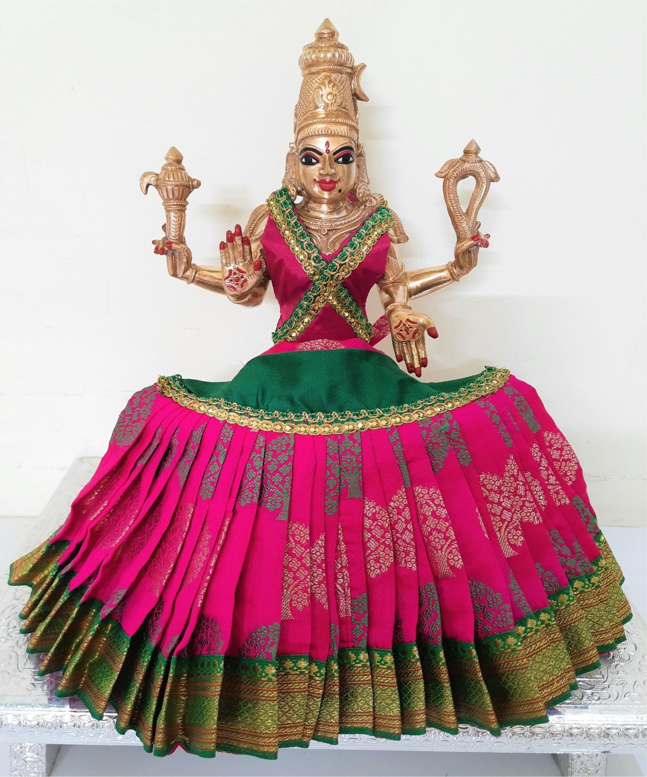 Deity Lehenga  / Lehenga patka made of Tapeta Big Butta Silk Lehenga  (Not Pure Silk) - Rani Pink and Green Lehenga with Green Border and Rani Pink Blouse 1