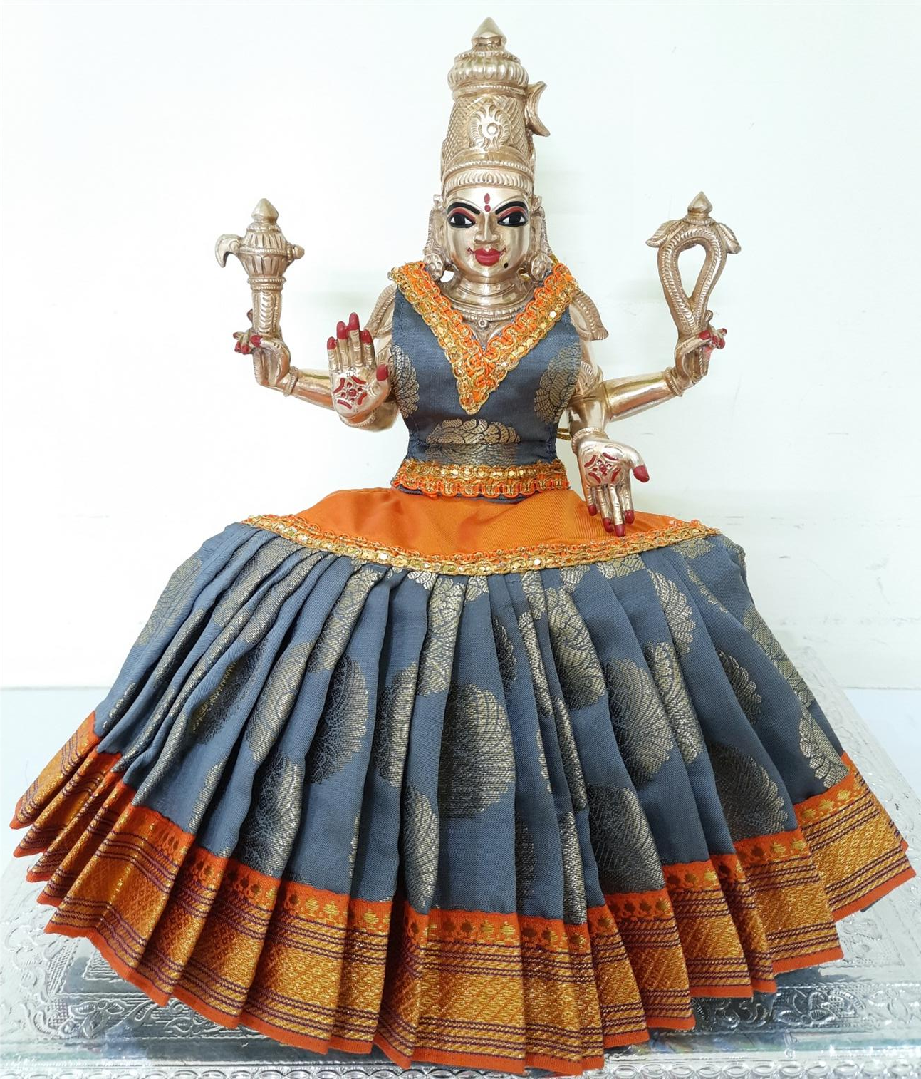 Deity Lehenga  / Lehenga patka made of Tapeta Big Butta Silk Lehenga  (Not Pure Silk) - Grey and Orange Lehenga with Orange Border and Grey Blouse 1