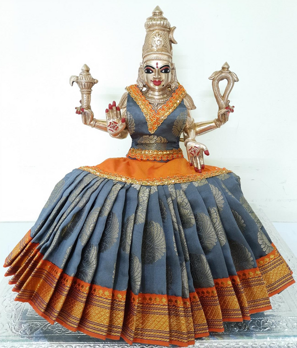 Deity Lehenga  / Lehenga patka made of Tapeta Big Butta Silk Lehenga  (Not Pure Silk) - Grey and Orange Lehenga with Orange Border and Grey Blouse