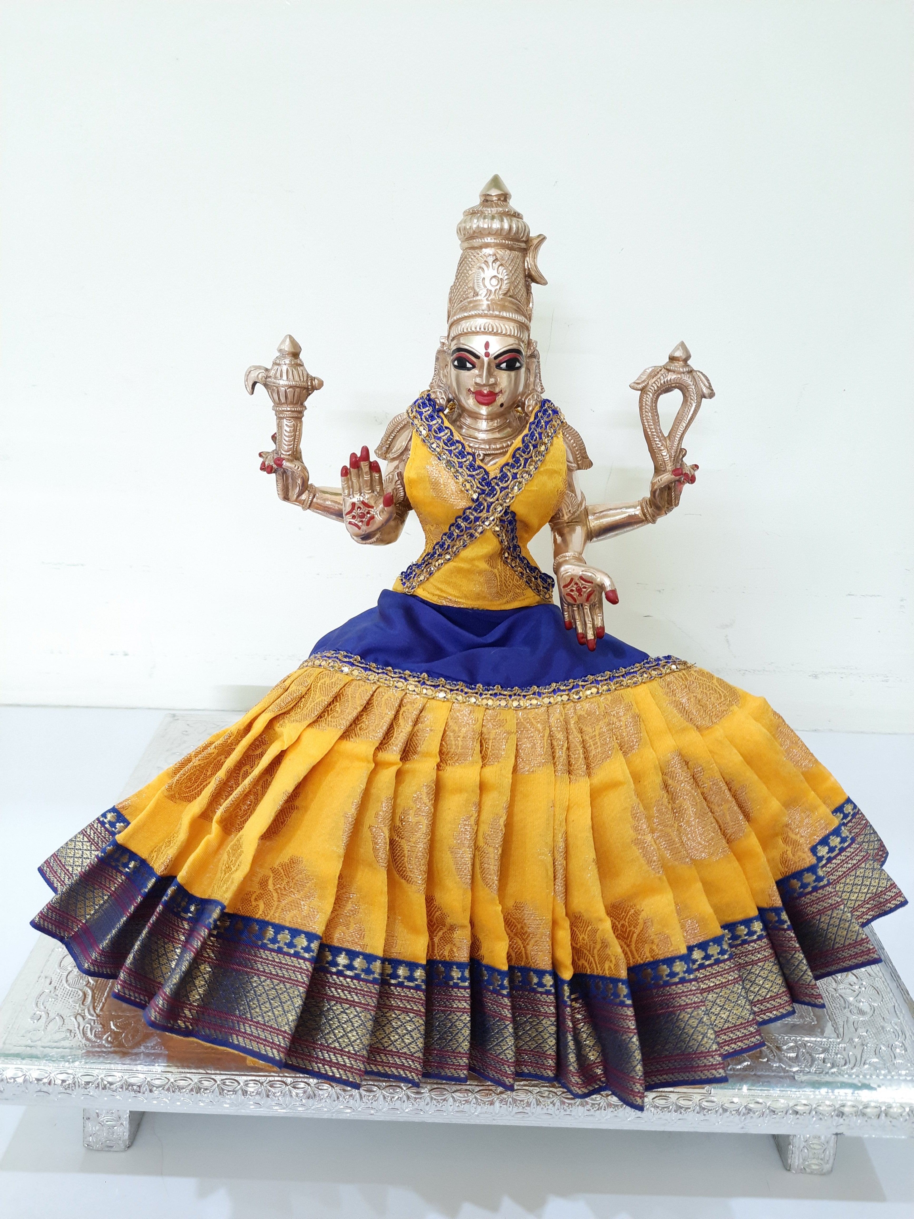 Deity Lehenga  / Lehenga patka made of Tapeta Big Butta Silk Lehenga  (Not Pure Silk) - Yellow and Royal Blue Lehenga with Royal Blue Border and Yellow Blouse 1