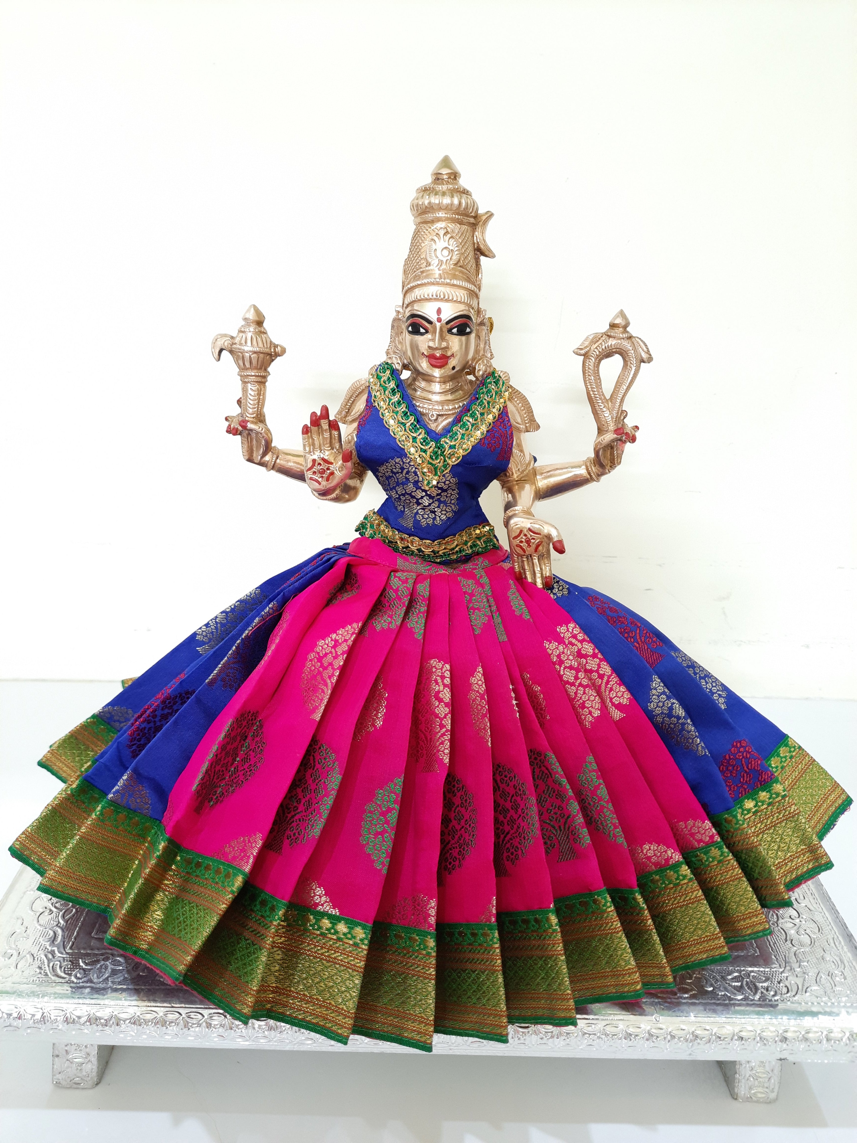 Deity Lehenga  / Lehenga patka made of Tapeta Big Butta Silk Lehenga  (Not Pure Silk) - Rani Pink and Royal Blue Lehenga with Green Border and Royal Blue Blouse 1