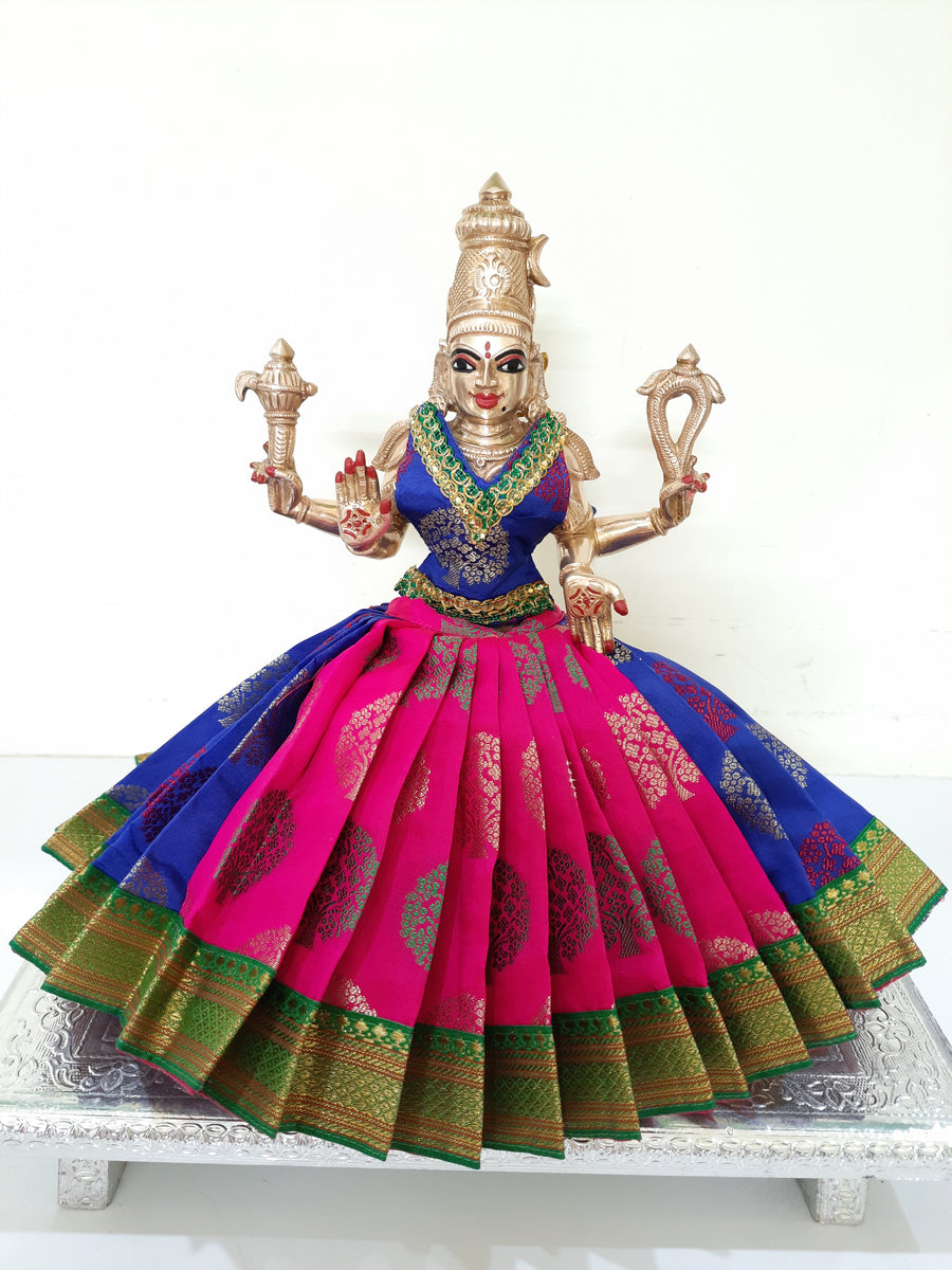 Deity Lehenga  / Lehenga patka made of Tapeta Big Butta Silk Lehenga  (Not Pure Silk) - Rani Pink and Royal Blue Lehenga with Green Border and Royal Blue Blouse