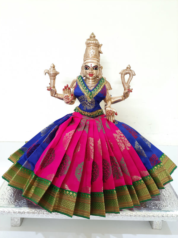 Deity Lehenga  / Lehenga patka made of Tapeta Big Butta Silk Lehenga  (Not Pure Silk) - Rani Pink and Royal Blue Lehenga with Green Border and Royal Blue Blouse