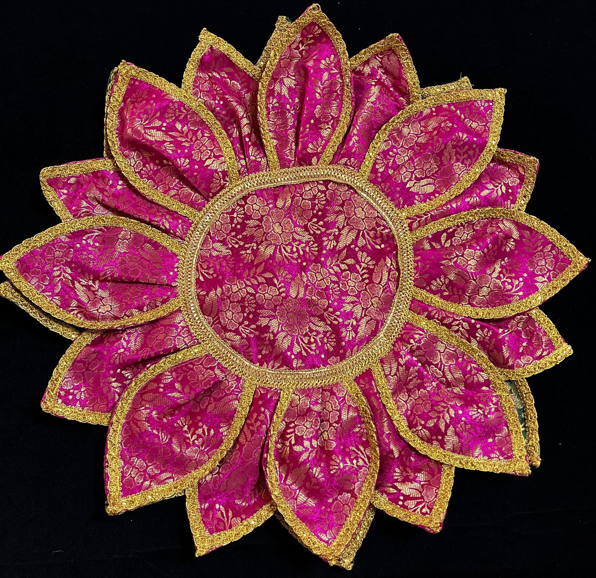Lotus Asan made of Brocade Silk (Not Pure Silk) - Rani Pink Lotus Petals and Green Leaves with Gold border 2