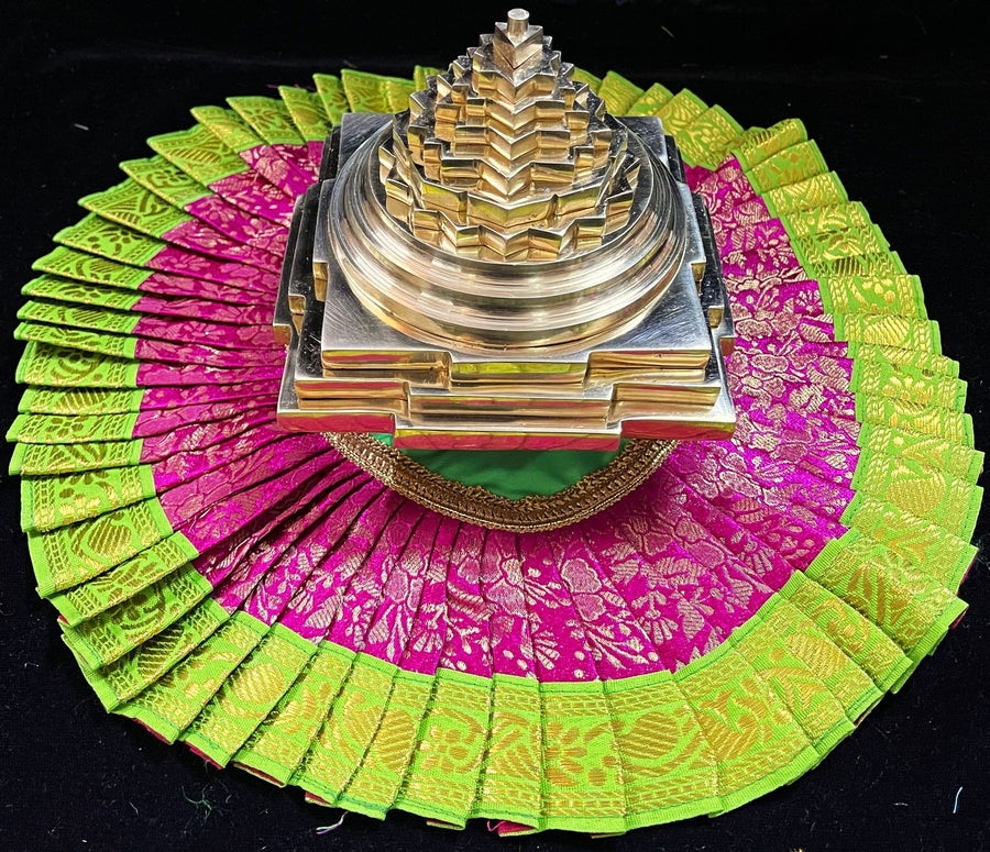 Sri Chakra Dress made of Brocade Silk (Not Pure Silk) - Rani Pink Dress with Parrot Green Border