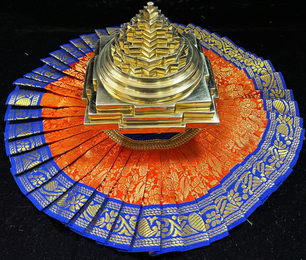 Sri Chakra Dress made of Brocade Silk (Not Pure Silk) - Orange Dress with Royal Blue Border