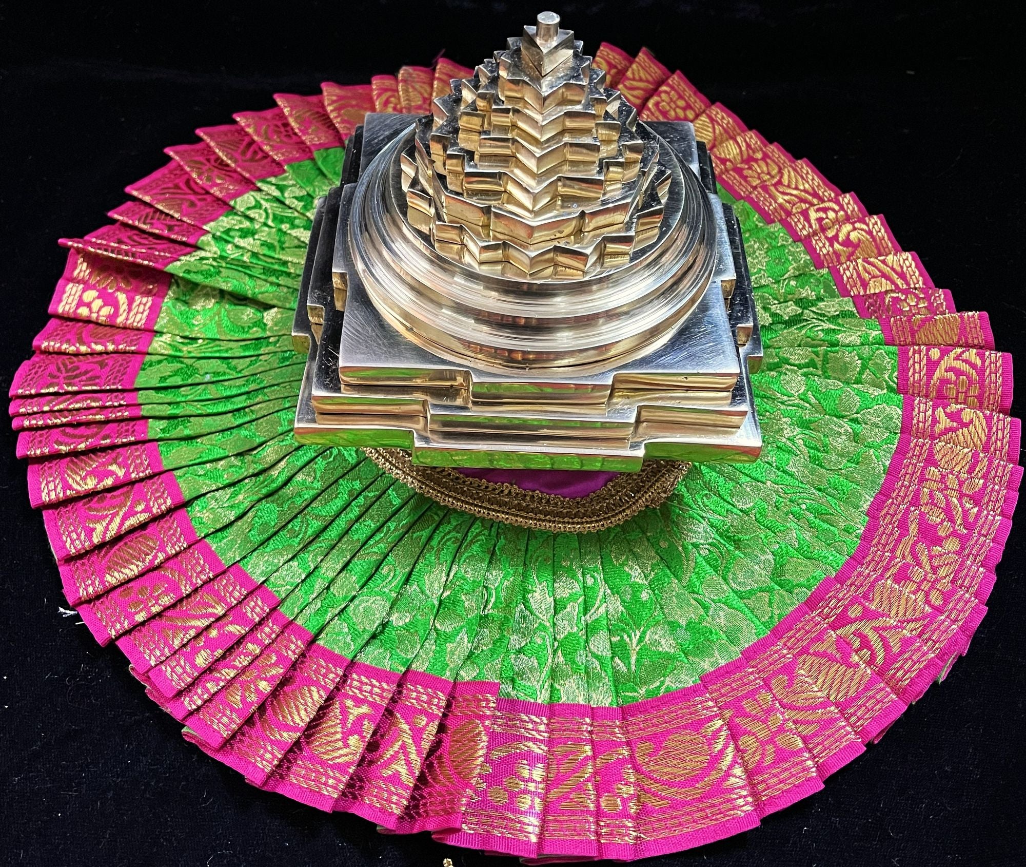 Sri Chakra Dress made of Brocade Silk (Not Pure Silk) - Parrot green Dress with Rani pink Border 1