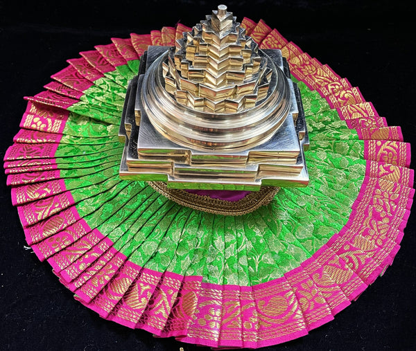 Sri Chakra Dress made of Brocade Silk (Not Pure Silk) - Parrot green Dress with Rani pink Border