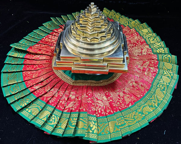 Sri Chakra Dress made of Brocade Silk (Not Pure Silk) - Red Dress with Green Border