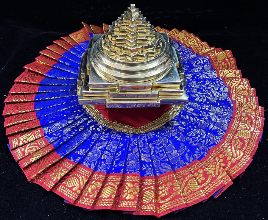Sri Chakra Dress made of Brocade Silk (Not Pure Silk) - Royal Blue Dress with Red Border