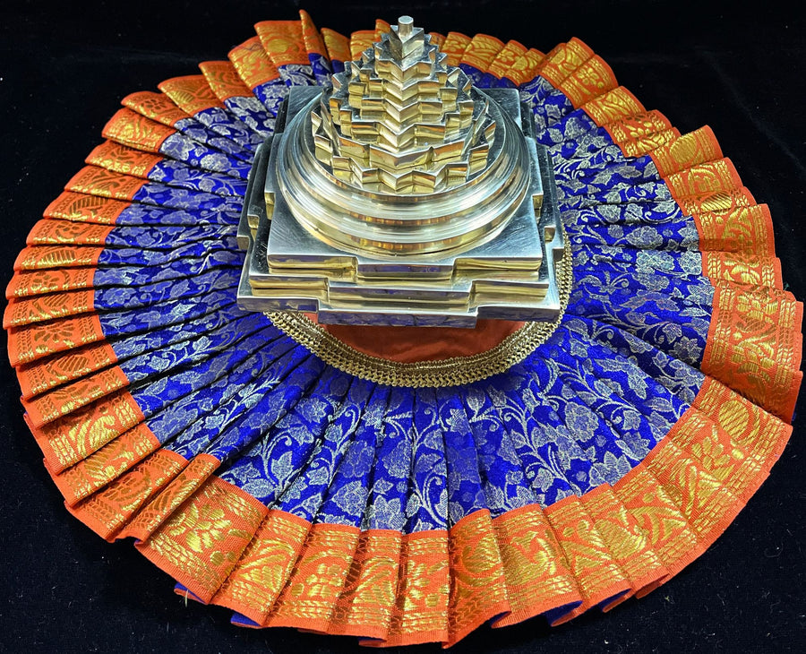 Sri Chakra Dress made of Brocade Silk (Not Pure Silk) - Royal Blue Dress with Orange Border