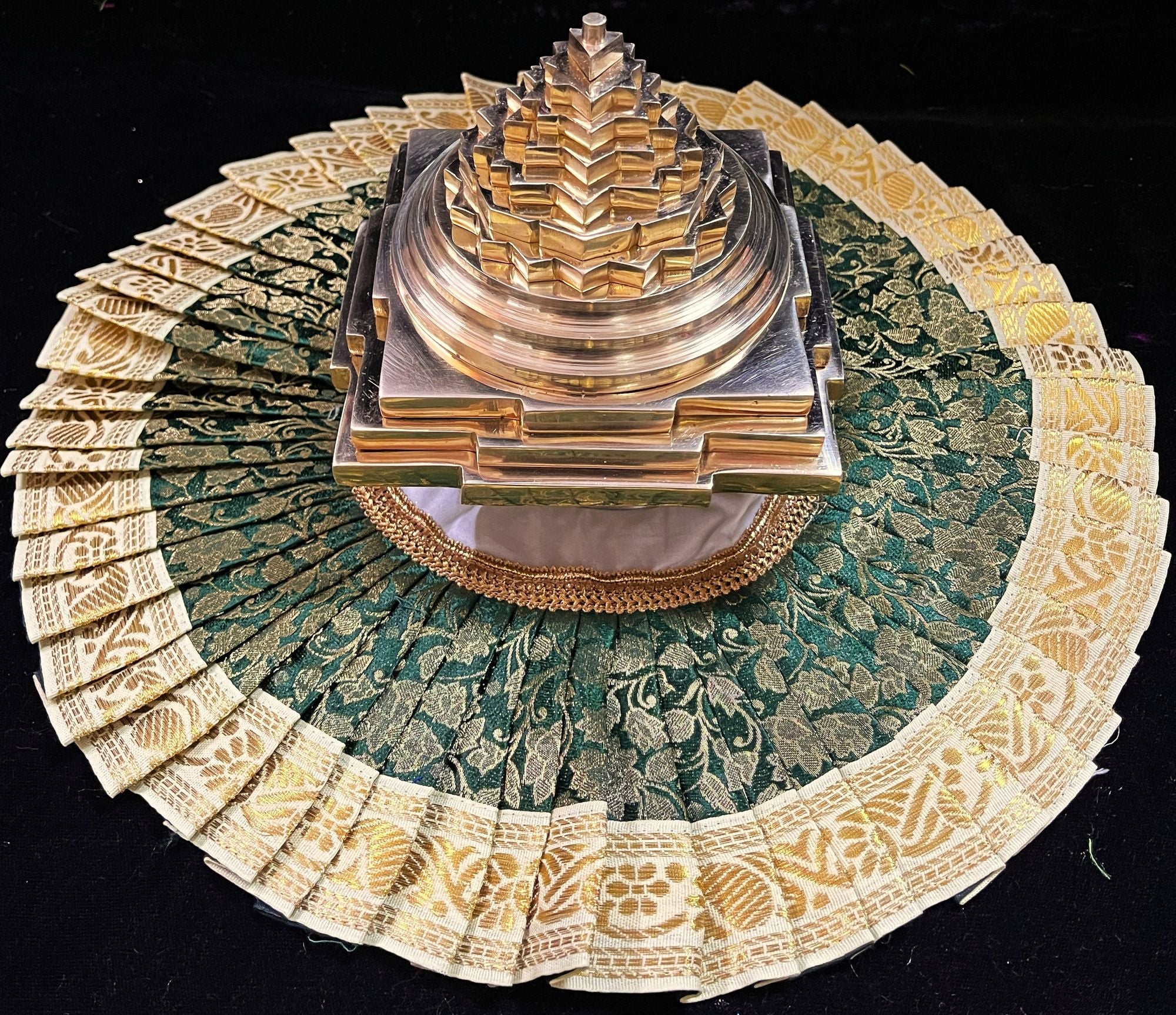 Sri Chakra Dress made of Brocade Silk (Not Pure Silk) - Dark Green Dress with off-white Border 1