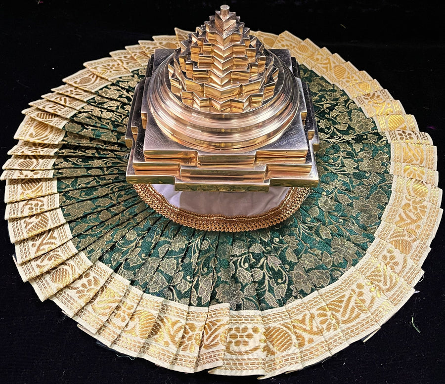 Sri Chakra Dress made of Brocade Silk (Not Pure Silk) - Dark Green Dress with off-white Border