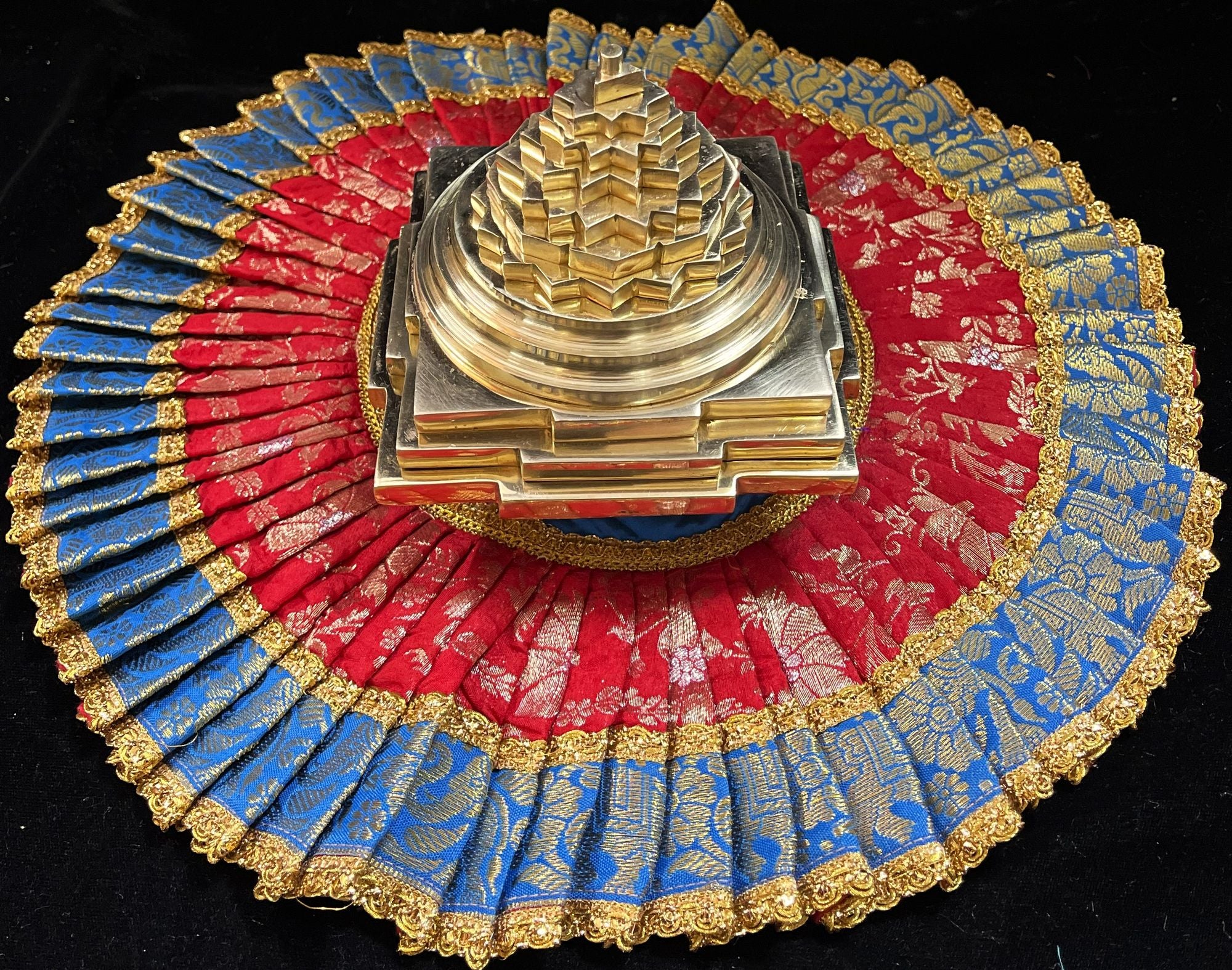 Sri Chakra Dress made of Chanderi Zari Silk (Not Pure Silk) - Red Dress with Sky Blue and Gold Zari border 1