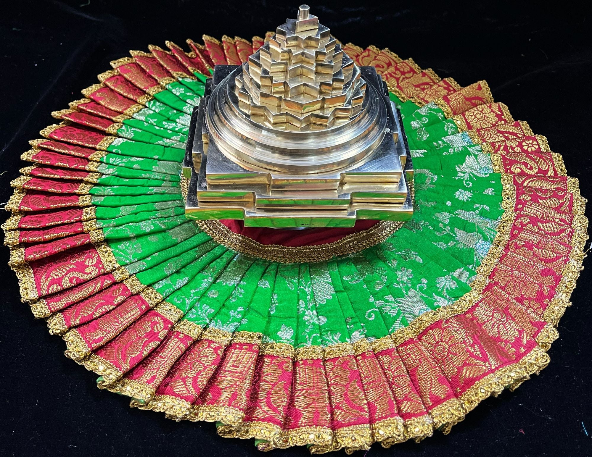 Sri Chakra Dress made of Chanderi Zari Silk (Not Pure Silk) - Parrot Green Dress with Red and Gold Zari border 1