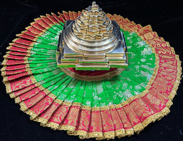 Sri Chakra Dress made of Chanderi Zari Silk (Not Pure Silk) - Parrot Green Dress with Red and Gold Zari border