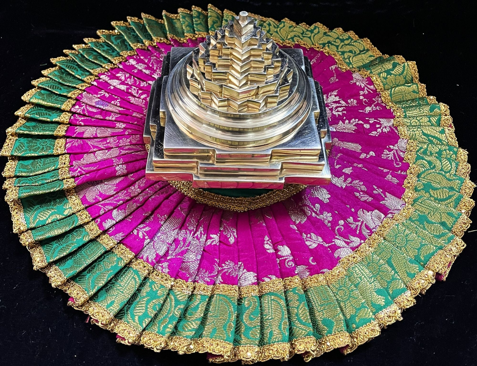 Sri Chakra Dress made of Chanderi Zari Silk (Not Pure Silk) - Rani pink Dress with Green and Gold Zari border 1