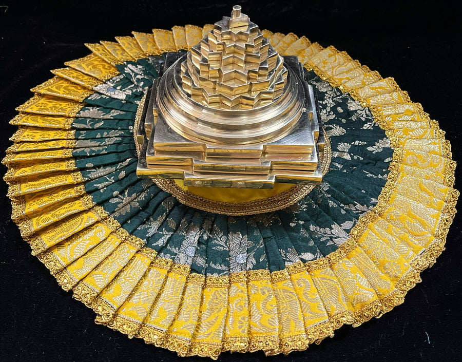 Sri Chakra Dress made of Chanderi Zari Silk (Not Pure Silk) - Dark Green Dress with Yellow and Gold Zari border