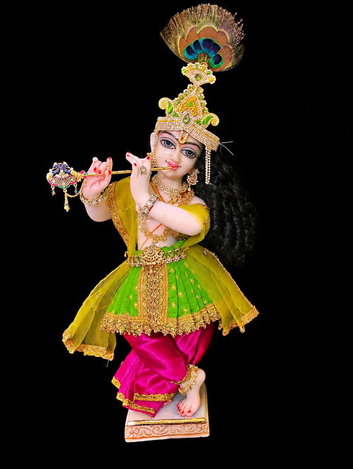 Deity dhoti and patka shalya / Uparna vastra made of Satin and Chanderi Silk Dhoti (Not Pure Silk) - Parrot Green and Rani Pink with Parrot Green skirt and shalya