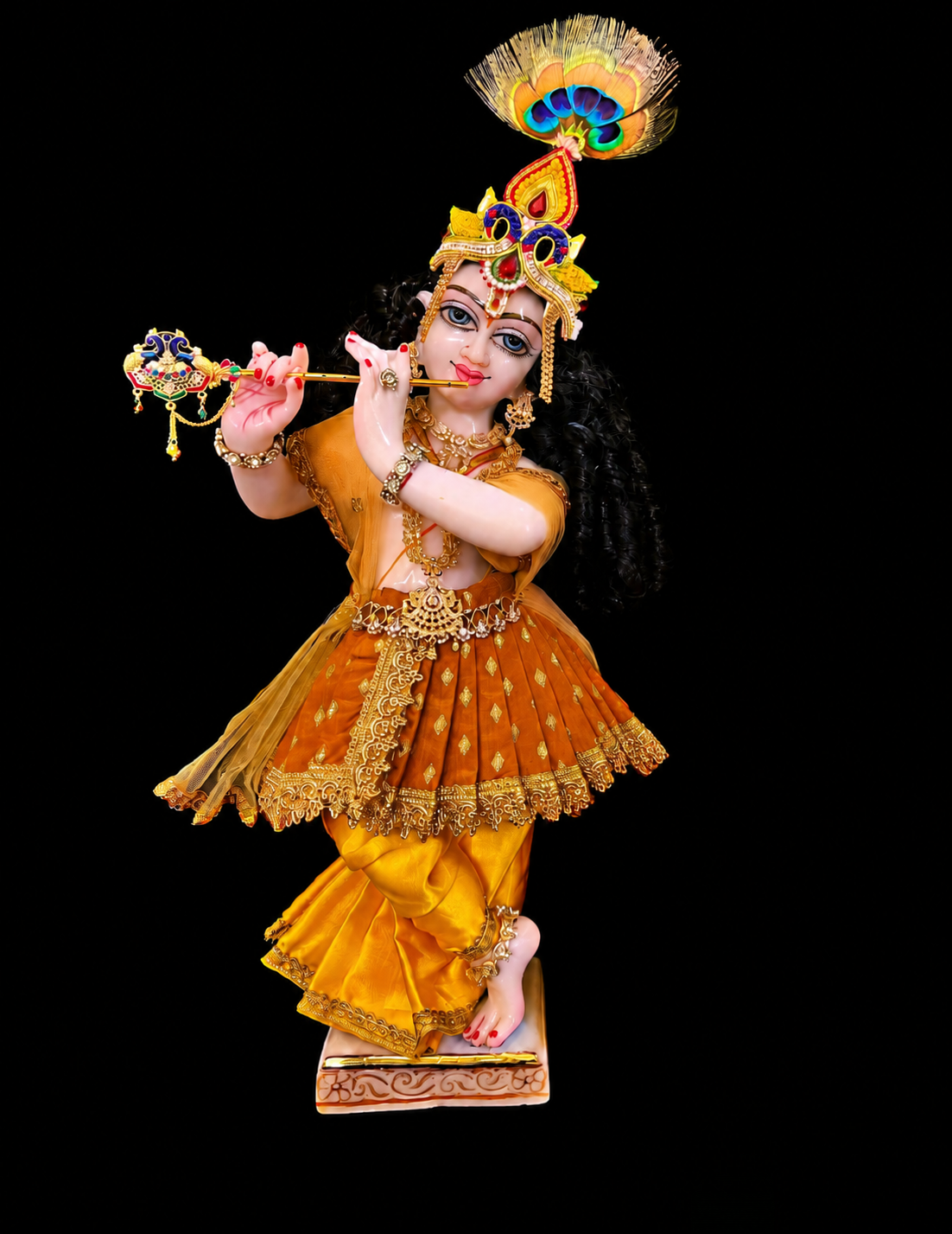 Deity dhoti and patka shalya / Uparna vastra made of Satin and Chanderi Silk Dhoti (Not Pure Silk) - Mustard Orange and Yellow dhoti with Mustard Orange skirt and shalya 1