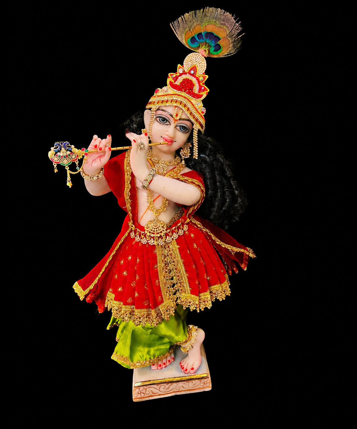 Deity dhoti and patka shalya / Uparna vastra made of Satin and Chanderi Silk Dhoti (Not Pure Silk) - Parrot Green and Red dhoti with Red skirt and shalya 1