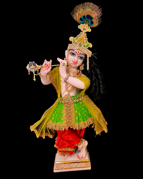 Deity dhoti and patka shalya / Uparna vastra made of Satin and Chanderi Silk Dhoti (Not Pure Silk) - Parrot Green and Red dhoti with Parrot Green skirt and shalya