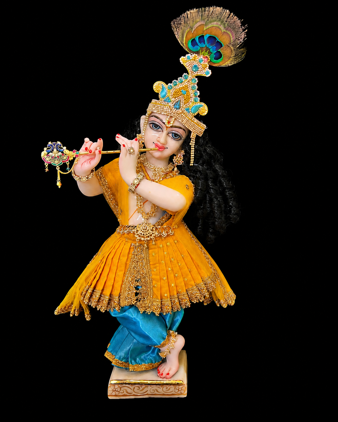 Deity dhoti and patka shalya / Uparna vastra made of Satin and Chanderi Silk Dhoti (Not Pure Silk) - Mustard yellow and sky blue dhoti with Mustard yellow skirt and shalya 1