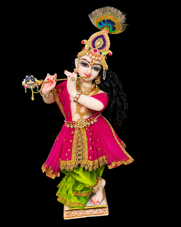 Deity dhoti and patka shalya / Uparna vastra made of Satin and Chanderi Silk Dhoti (Not Pure Silk) - Parrot Green and Rani Pink dhoti with Rani Pink skirt and shalya