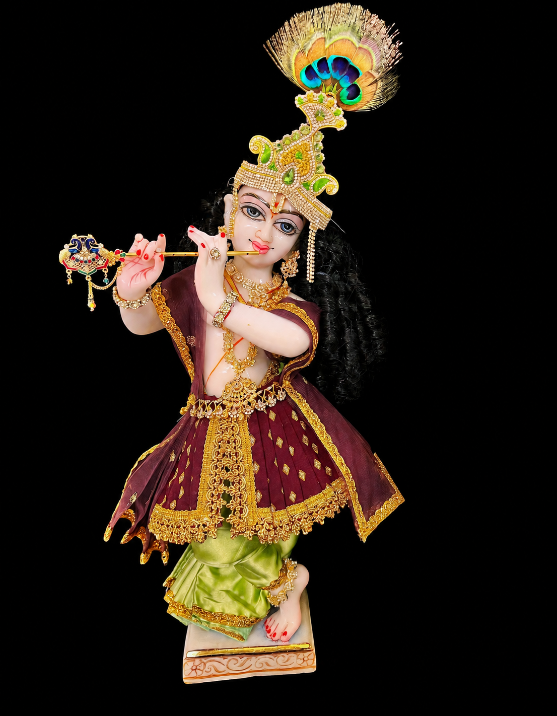Deity dhoti and patka shalya / Uparna vastra made of Satin and Chanderi Silk Dhoti (Not Pure Silk) - Maroon and Light Green Pink dhoti with Maroon skirt and shalya 1
