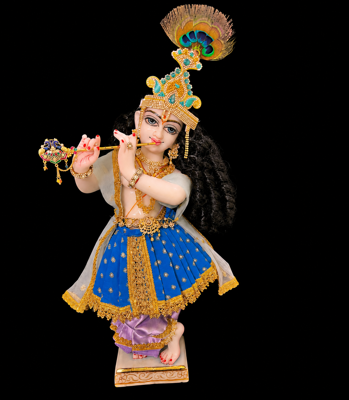 Deity dhoti and patka shalya / Uparna vastra made of Satin and Chanderi Silk Dhoti (Not Pure Silk) - Royal Blue and Lavender Pink dhoti with Royal Blue skirt and shalya 1