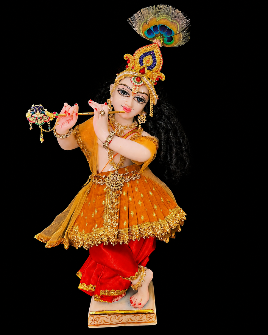 Deity dhoti and patka shalya / Uparna vastra made of Satin and Chanderi Silk Dhoti (Not Pure Silk) - Mustard Yellow and Red dhoti with Mustard Yellow skirt and shalya