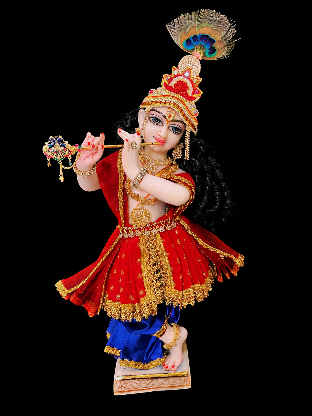 Deity dhoti and patka shalya / Uparna vastra made of Satin and Chanderi Silk Dhoti (Not Pure Silk) - Red and Royal Blue dhoti with Red skirt and shalya 1