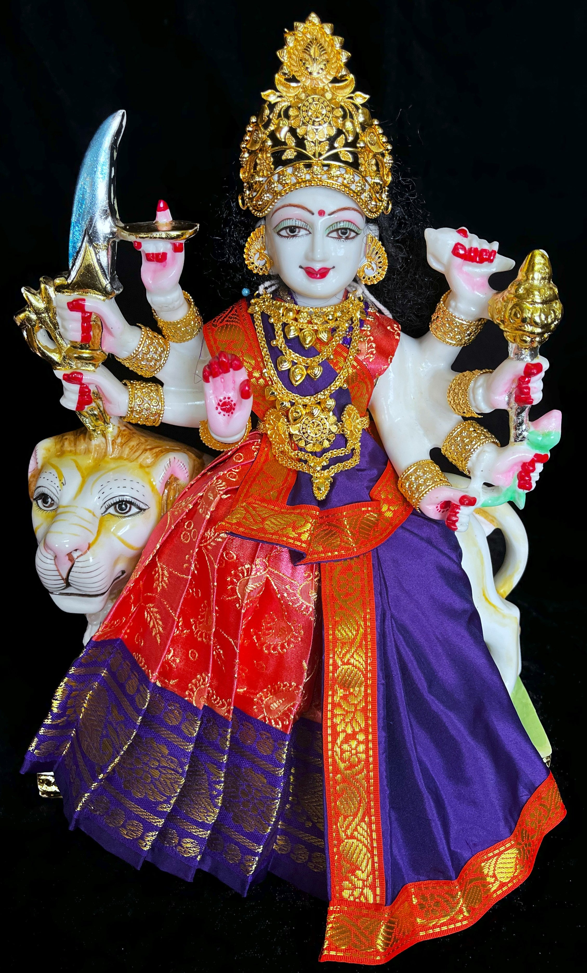 Deity half saree / lehenga patka made of Satin Silk (Not Pure Silk) - Peach Saree with Purple border and Purple dupatta 3