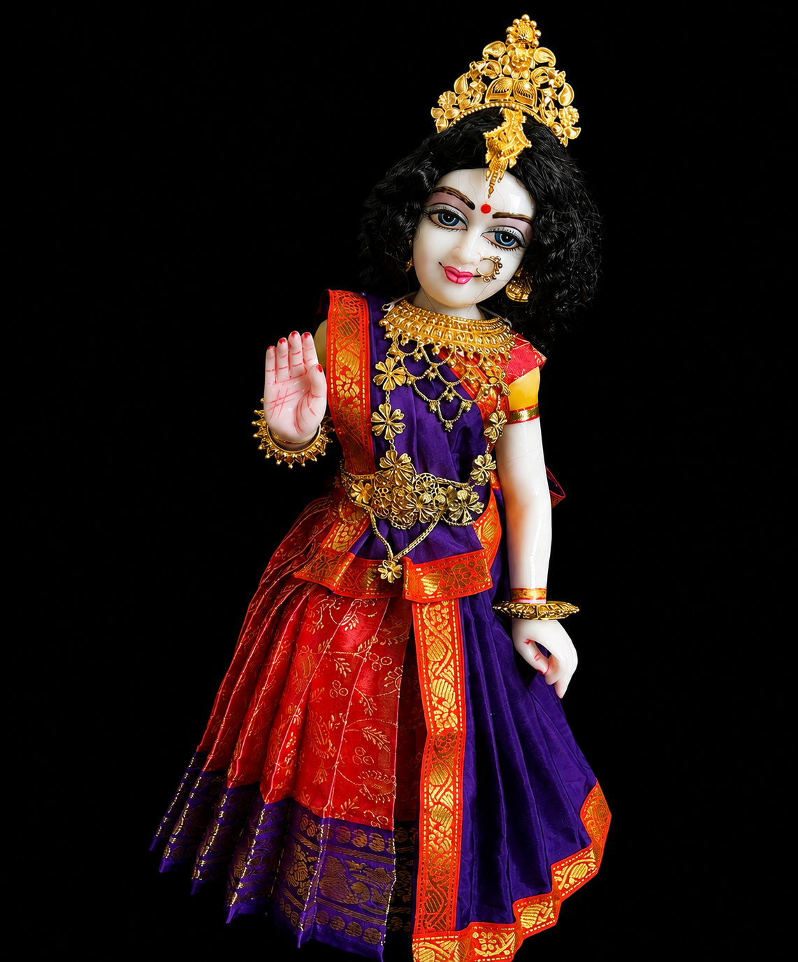 Deity half saree / lehenga patka made of Satin Silk (Not Pure Silk) - Peach Saree with Purple border and Purple dupatta 4