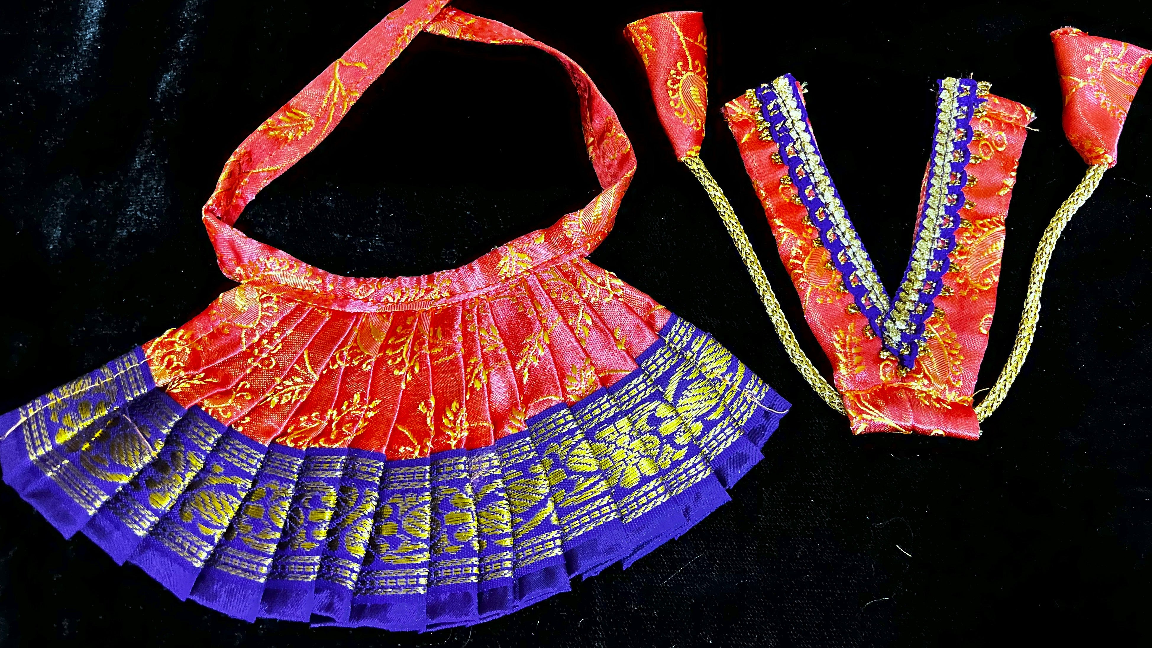 Deity half saree / lehenga patka made of Satin Silk (Not Pure Silk) - Peach Saree with Purple border and Purple dupatta 2