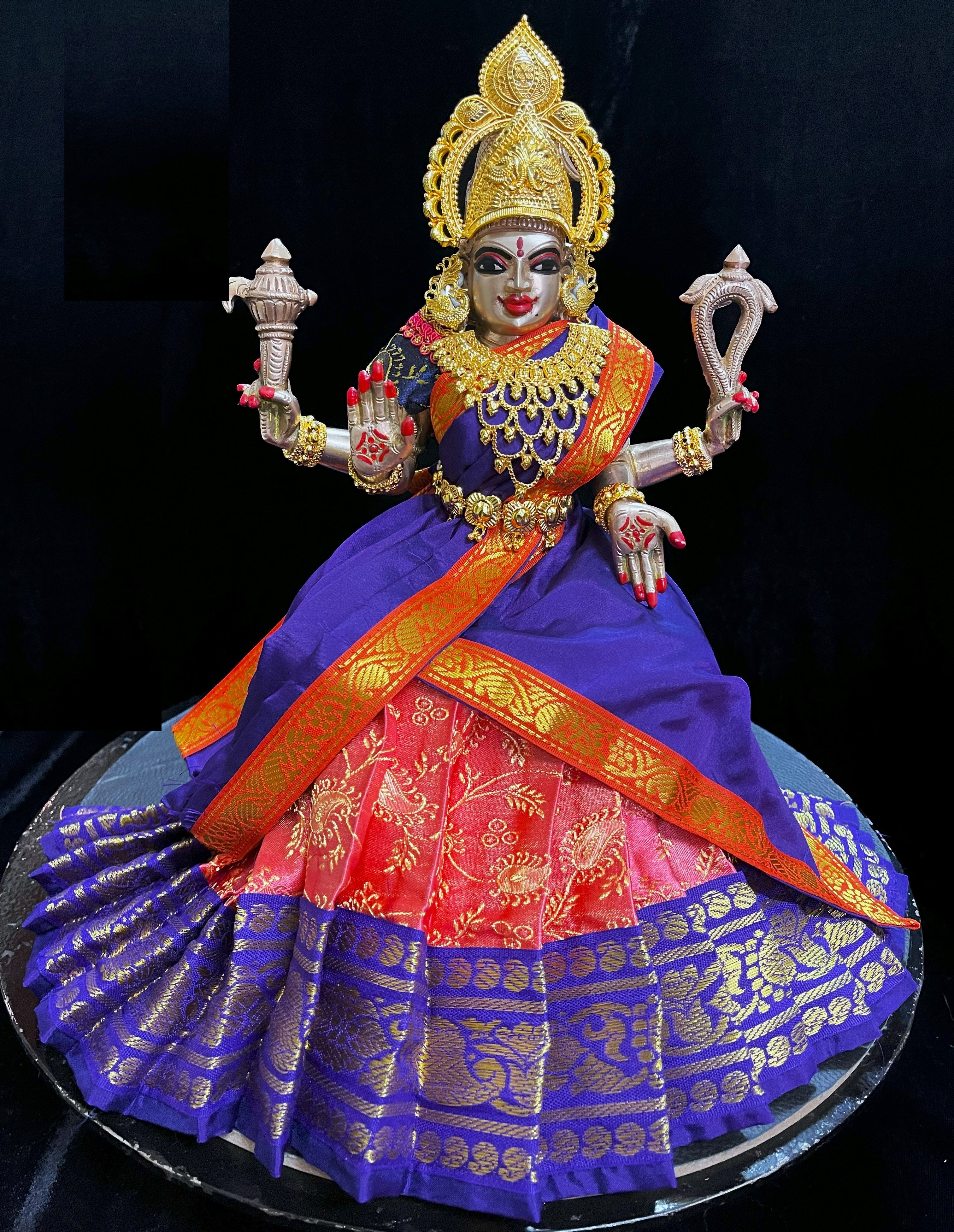 Deity half saree / lehenga patka made of Satin Silk (Not Pure Silk) - Peach Saree with Purple border and Purple dupatta 1