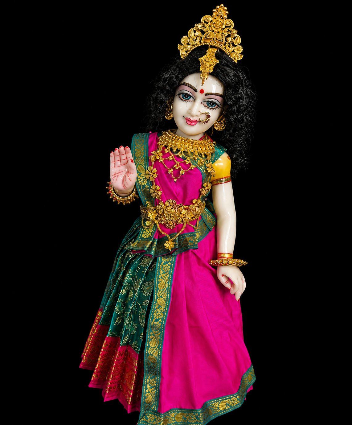 Deity half saree / lehenga patka made of Satin Silk (Not Pure Silk) - Aqua blue Saree with Pink border and Pink dupatta 5
