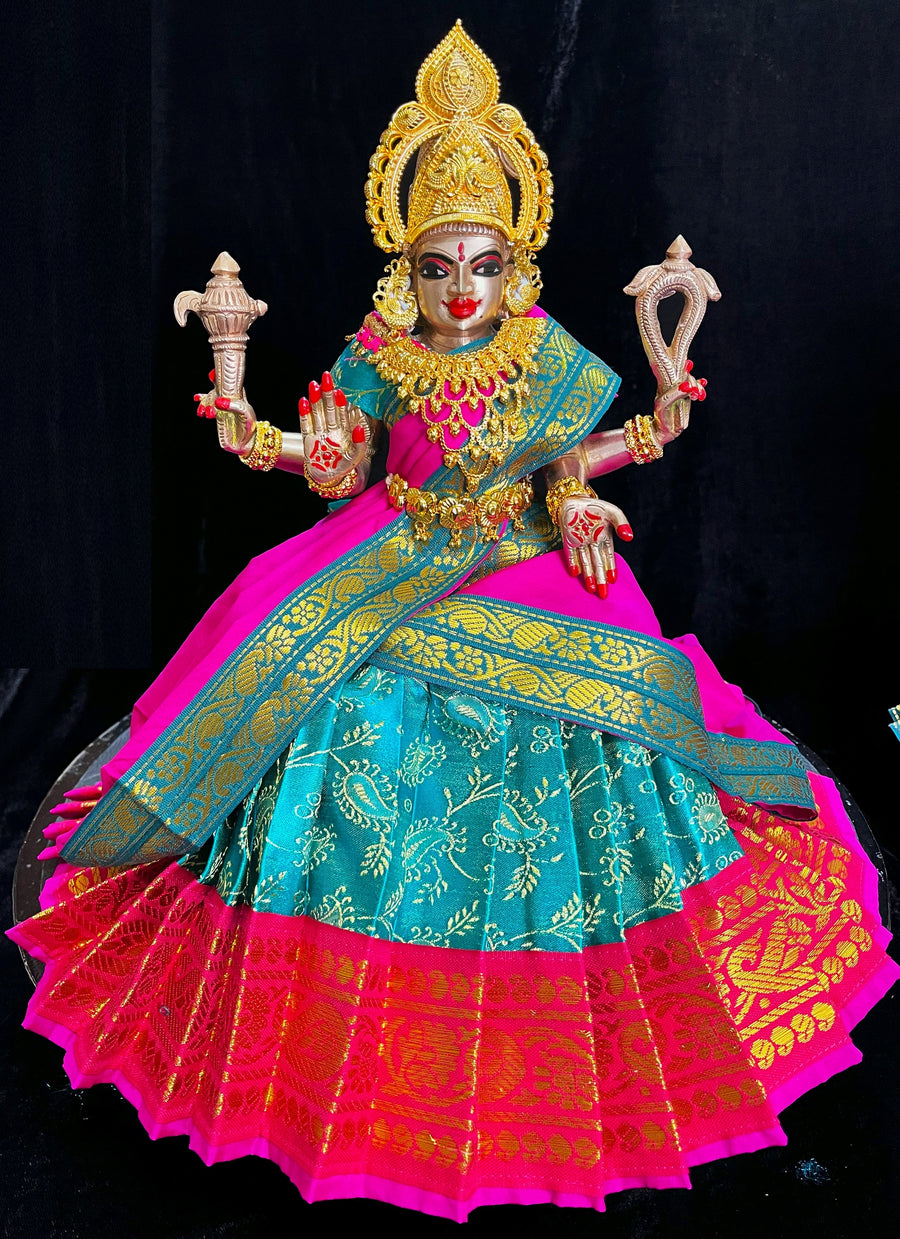 Deity half saree / lehenga patka made of Satin Silk (Not Pure Silk) - Aqua blue Saree with Pink border and Pink dupatta