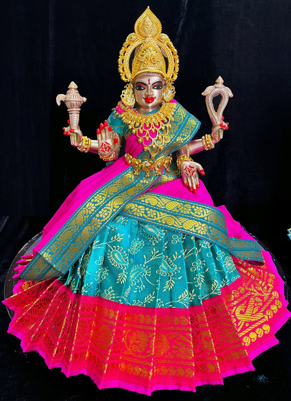 Deity half saree / lehenga patka made of Satin Silk (Not Pure Silk) - Aqua blue Saree with Pink border and Pink dupatta